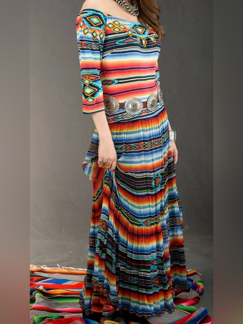 Vintage Collection Western Serape Saltillo Embroidered Maxi Dress Small